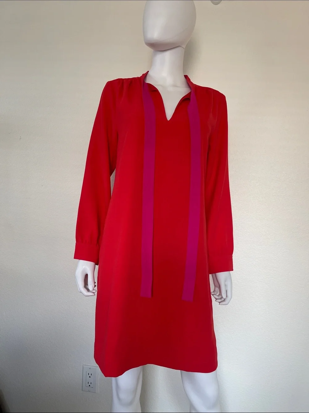 J. Crew Red Long-Sleeve Tie-Neck Shift Dress with Pink Ties